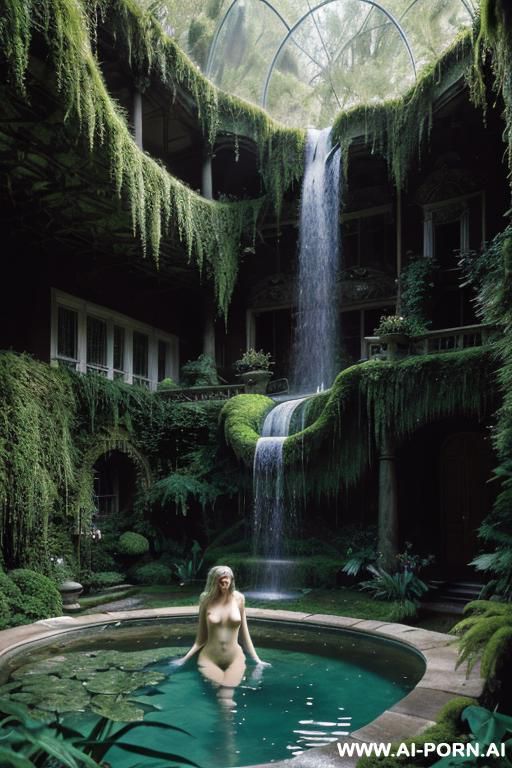 blonde long fluffy wavy hairs nude naked in garden mansion rounded pool azure water wilderness overgrown moss flowers grass forest hills glass wooden mansion overgrown hedge arches waterfall she take shower in waterfall - #main
