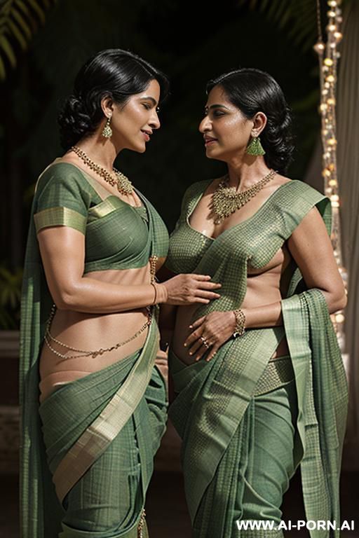 indian fifty years old blackhaired chubby queen in a (((green sari))) is gently kissing a full naked ((fifty years old)) blackhaired (((full naked female servant with shaved vagina, waist chain and necklace))) under the stars - #main