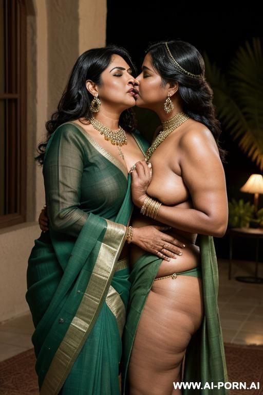 a chubby fifty years old black haired indian queen in green sari is gently kissing a chubby full naked naughty nude fifty years old black haired female servant with shaved vagina under the stars - #main