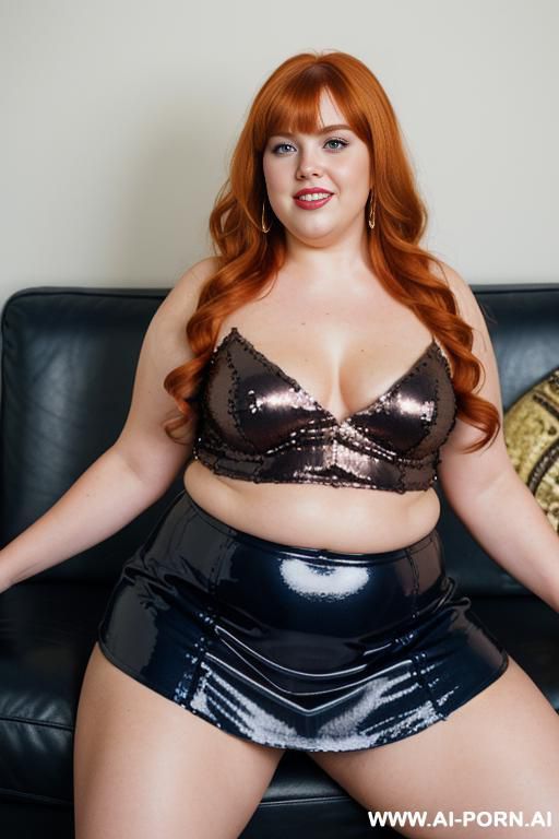 half body photo shot close up. a ((british obese fat bbw redhead)), ((thick with love handless)). ((wearing a yellow sexy and hot garter belt lingerie, and a dark-blue ruffle silk micro-skirt)). she is smiling - #main