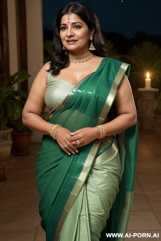 indian fifty years old blackhaired chubby queen in a green sari gently kissing a full naked fifty years old blackhaired full naked female servant with shaved vagina under the stars - #main