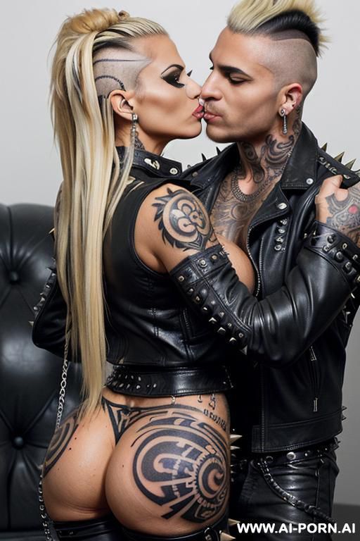 ((((tattooed persian punk blonde milf hugging and kissing a muscular man)))) with (((((gigantic tits))))) and (((long mohawk hair))) (((((makeup))))) , (((big ass))) (((tight spiked black leather - #main