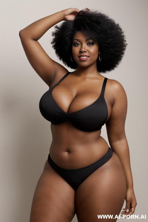 a curvy black woman with huge augamented boobs, her hair is an afro and she is naked.(arms up) - #main