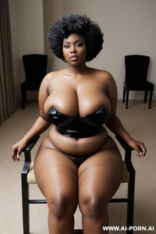 a curvy black woman with huge augamented boobs, her hair is an afro and she is naked. she is sitting on a chair (arms up) - #main