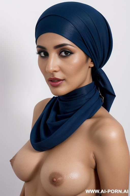 arabic topless women with blue headscarf, front view direct eye contact with viewer white background. - #main
