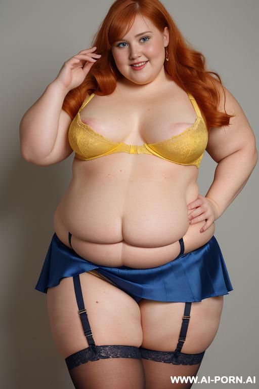 half body photo shot close up. a ((british obese fat bbw redhead)), ((thick with love handless)). ((wearing a yellow sexy and hot garter belt lingerie, and a dark-blue ruffle silk micro-skirt)). she is smiling - #main