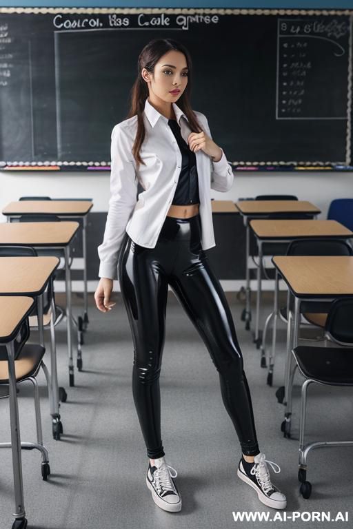 latex leggings, white buttoned shirt, black converse sneakers, full body shot view, slut - #main