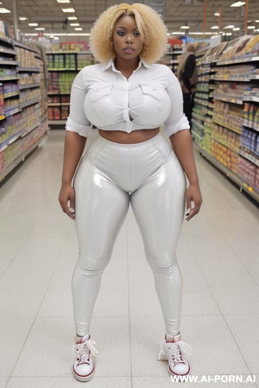 curvy naked milf woman, (((latex leggings, white buttoned shirt, converse sneakers, slut))) ((fringed afro)), saggy tits, ((wide hips)), round ass, (((thick thighs))), (((((woman with 3-inch thighs))))) - #main