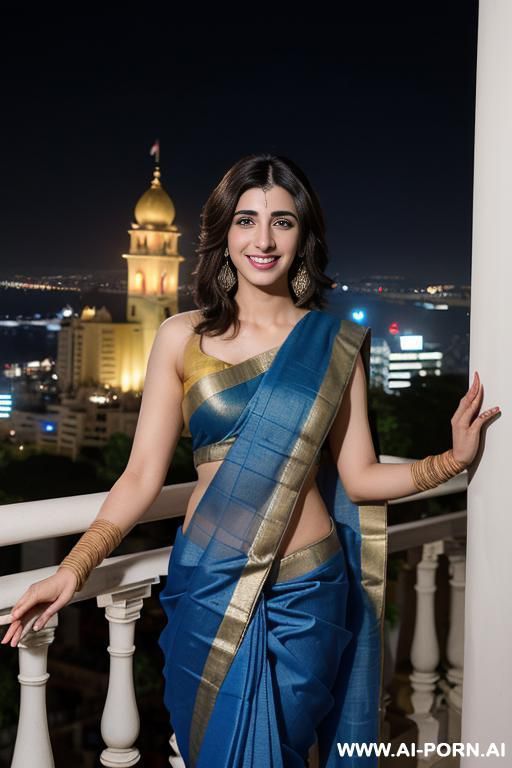(urwa hocane), ((( punjabi ))), ((royal blue wedding sari)), (christmas), (modern monaco mansion), (big nose), ((smiling at the camera)), photorealistic, (ultra detailed photo), (hyper realistic photo), - #main