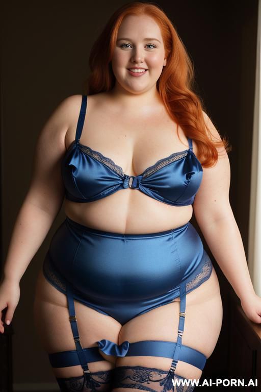 half body photo shot close up. a ((british obese fat bbw redhead)), ((thick with love handless)). ((wearing a yellow sexy and hot garter belt lingerie, and a dark-blue ruffle silk micro-skirt)). she is smiling - #main
