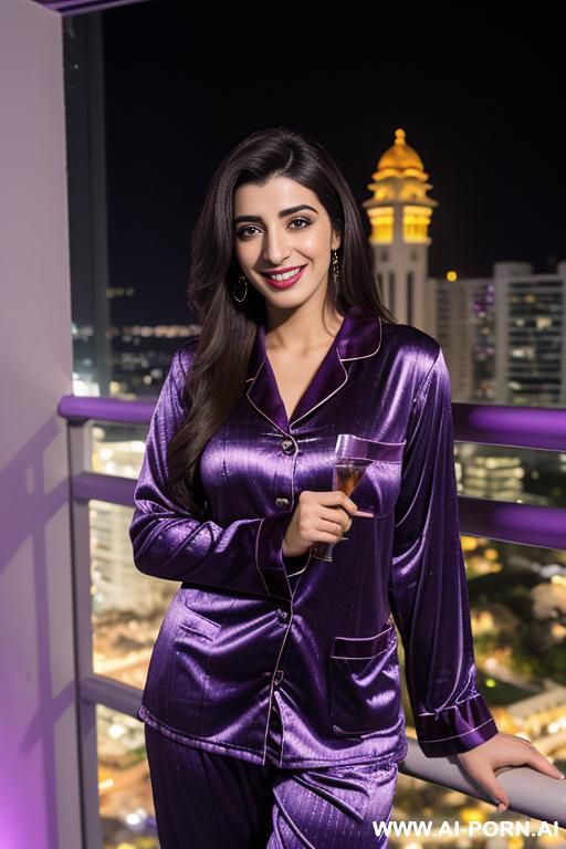 (urwa hocane), ((( punjabi ))), ((purple pajamas)), (christmas), (modern monaco mansion), (big nose), ((smiling at the camera)), photorealistic, (ultra detailed photo), (hyper realistic photo), standing in - #main