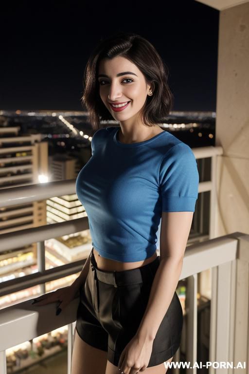 (urwa hocane), ((( punjabi ))), ((blue crew neck short sleeve shirt)), (christmas), (modern monaco mansion), (big nose), ((smiling at the camera)), photorealistic, (ultra detailed photo), (hyper - #main