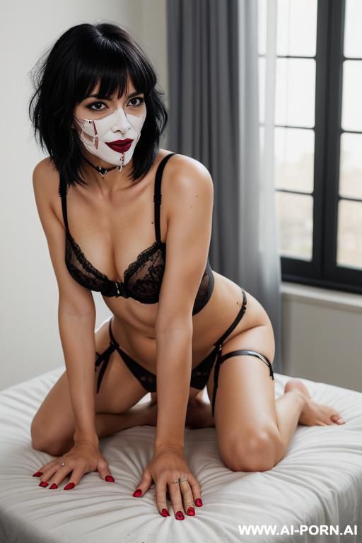 goth female, pierced lips and nose, open blouse with pierced tits exposed, cum covered face and tits - #main