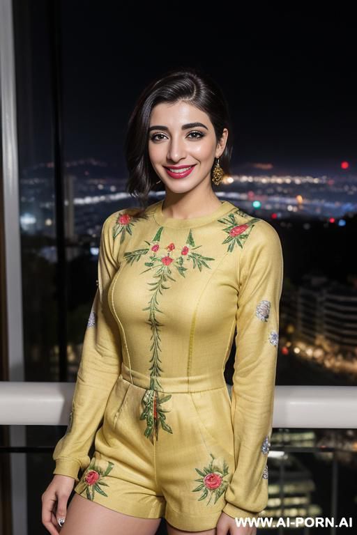 (urwa hocane), ((( punjabi ))), (( floral patterned long sleeve crew neck romper)), (christmas), (modern monaco mansion), (big nose), ((smiling at the camera)), photorealistic, (ultra detailed photo), - #main