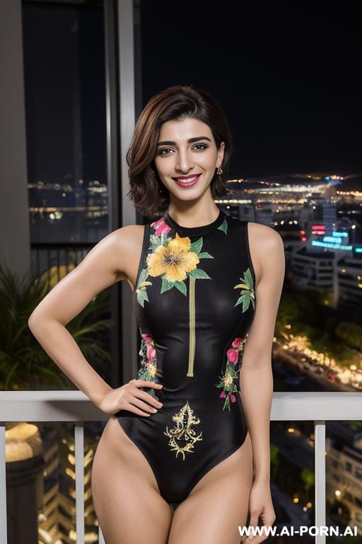 (urwa hocane), ((( punjabi ))), (( floral patterned crew neck sleeveless swimsuit bodysuit)), (christmas), (modern monaco mansion), (big nose), ((smiling at the camera)), photorealistic, (ultra detailed - #main