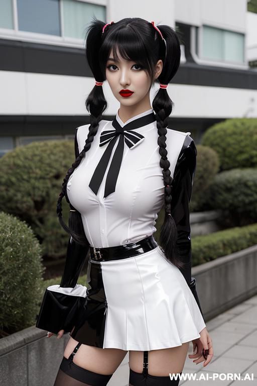 narrow chin, narrow back, choker, tinny, tight forehead, nose, narrow lips, roundedy head, slanted eye, slender, shorty ,confident woman ,(( ( long black japanese twintails hairstyle )))) , dressed - #main