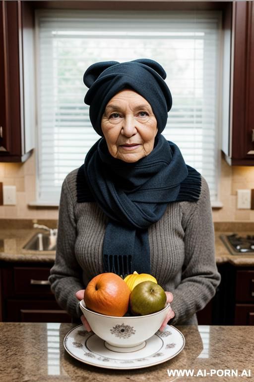 grandma sit in kitchen have scarf on head - #main
