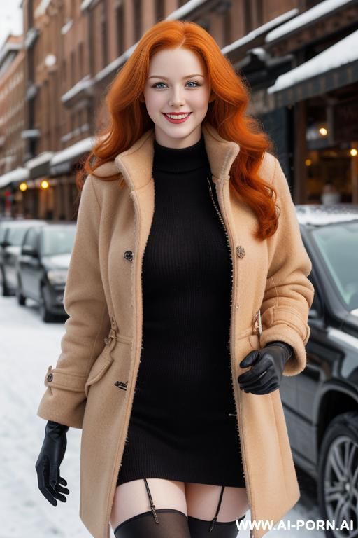 gorgeous, realistic face, ginger, wavy parted, cap, aviators, stand, coat, stockings, gloves, untrimmed pubes, wear purse bag, torso camera view, expose body, and vagina, pantyless, smile, market. - #main