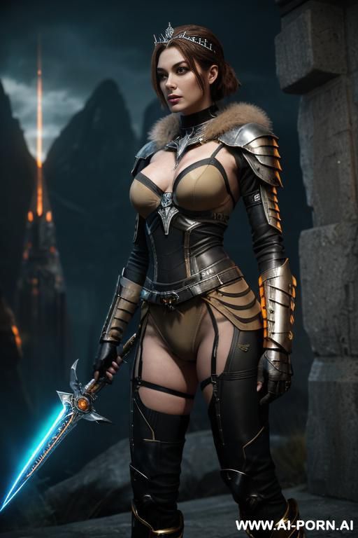 (medium shot), (front view), (eye contact), (looking at viewer), sci-fi dark fantasy swordswoman, dominant body pose, threaing looking woman, arrogant cruel face, ultra realistic, slender sinewy body, - #main