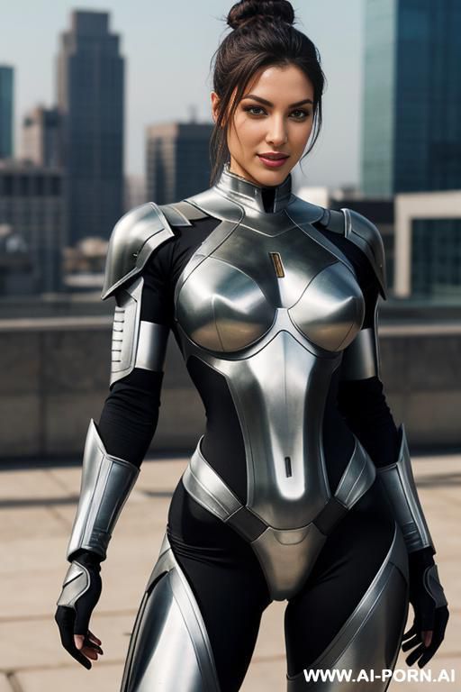 sci-fi soldier (front view) strong body (hourglass figure) wide hips, muscular thighs, thighs gap (looking at the viewer) (detailed model face) beautiful sexy face, alluring smile, detailed skin, detailed hands (wearing sci-fi biometalic armor) - #main