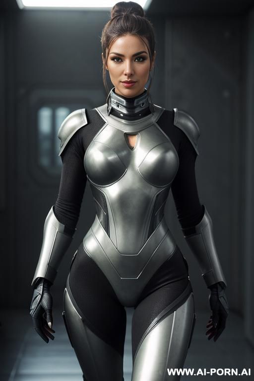 sci-fi soldier (front view) strong body (hourglass figure) wide hips, muscular thighs, thighs gap (looking at the viewer) (detailed model face) beautiful sexy face, alluring smile, detailed skin, detailed hands (wearing sci-fi armor) - #main