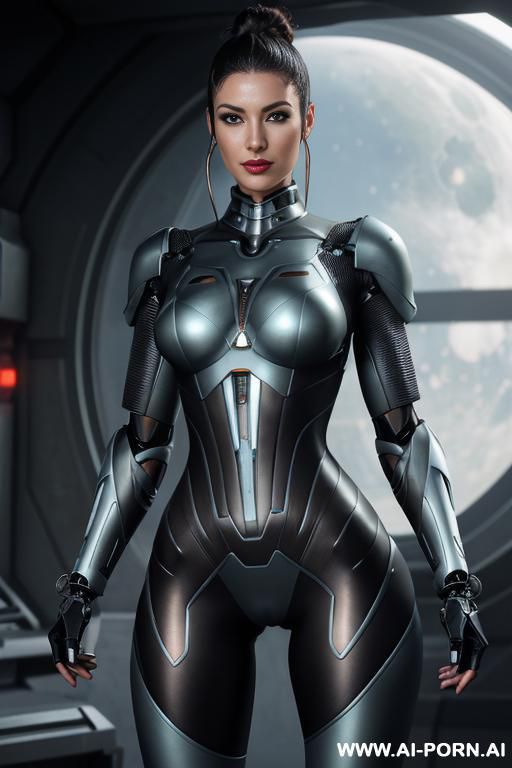 sci-fi soldier (front view) strong body (hourglass figure) wide hips, muscular thighs, thighs gap (looking at the viewer) (detailed model face) beautiful sexy face, alluring smile, detailed skin, detailed hands (wearing sci-fi cybernetic armor) - #main