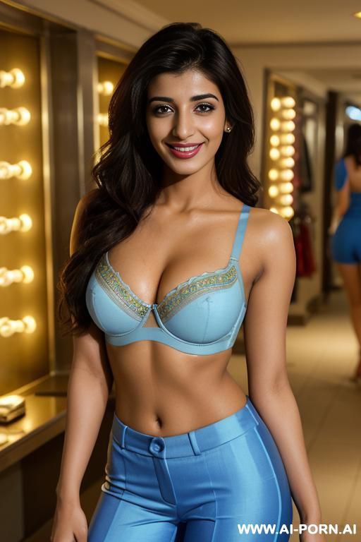 (urwa hocane), (((tanned punjabi ))), ((light blue bra, business pants )), (christmas), (big nose), ((smiling at the camera)), photorealistic, (ultra detailed photo), (hyper realistic photo), (standing - #main