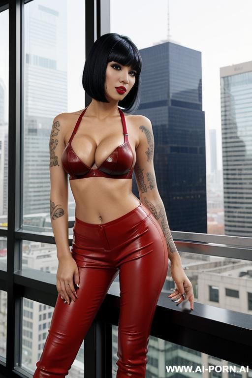 female sexy hooker pornstar long legs in red leather sport tight bra cleavage busty in white leather tight pants in red sport boots stand on roof top in big city blue glass big buildings - #main