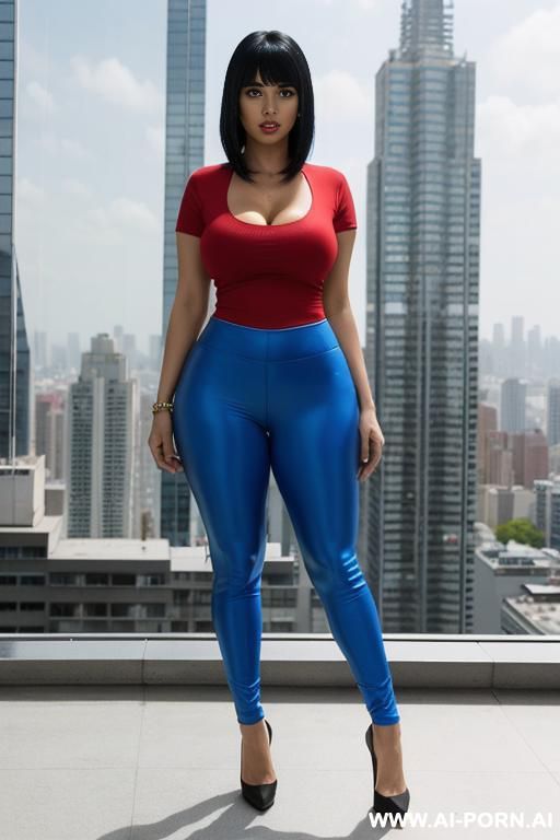 female in red sport tight tshirt cleavage busty in blue sport pants in red shoes stand on roof top in big city blue glass big buildings many buildings many high buildings big glass windows buildings blue white city clear blue sky full body view - #main
