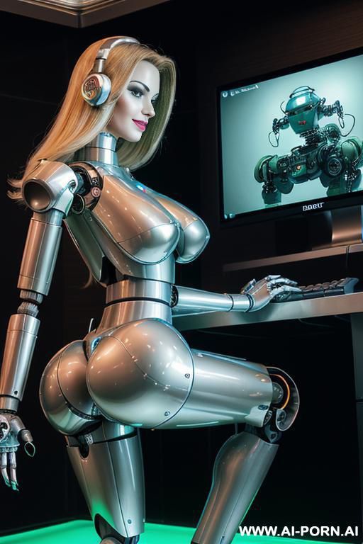 robot, side view, full body view, standing, sticking out the ass, hands on spaceship control desk, looking at viewer, beautiful seductive human face with tanned silicone skin, long straight blonde - #main