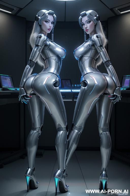 robot, side view, full body view, standing, sticking out the ass, hands on spaceship control desk, looking at viewer, (beautiful seductive robotic face, glowing robotic eyes, big robotic lips, wide - #main