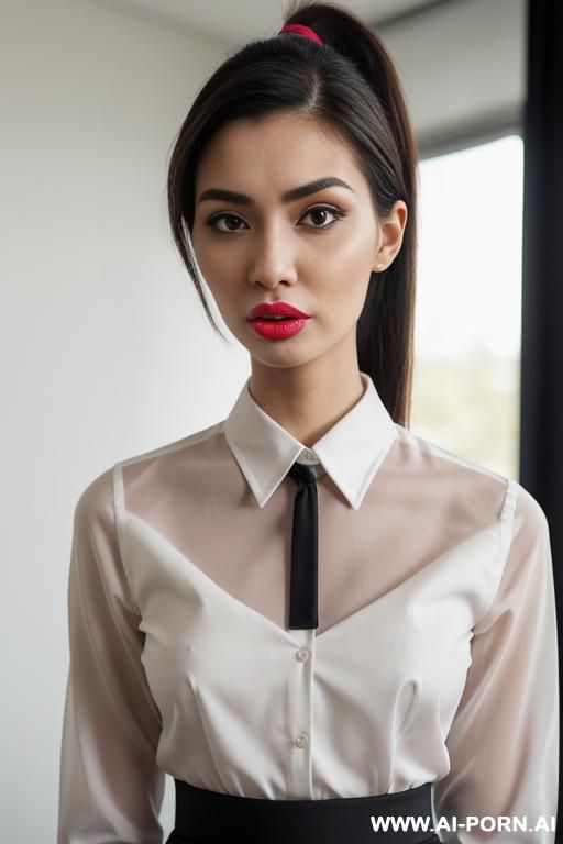 office shirt, pencil skirt, ponytail, ((hourglass body)), ((duck lips)) - #main