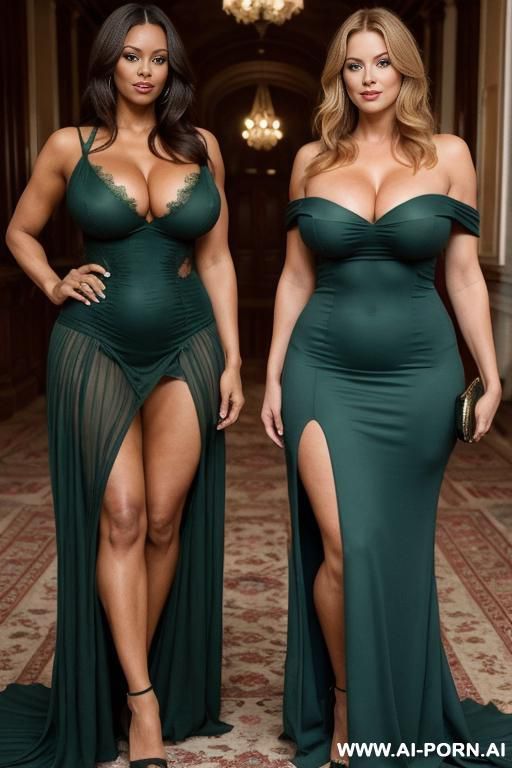 2 ladies standing next to each other. the first lady is beautiful sexy fit 4 year old woman with gigantic huge boobs and gigantic huge ass.poor looking . wearing clothes , wearing old green - #main