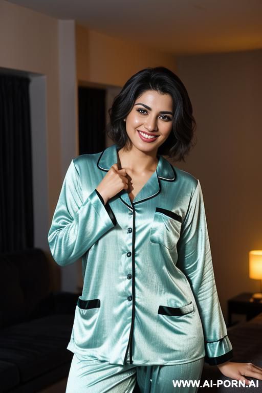 ((( pakistani ))), ((pajamas )), (christmas), (big nose), ((smiling at the camera)), photorealistic, (ultra detailed photo), (hyper realistic photo), standing in a modern penthouse, (bedroom), (lean), - #main