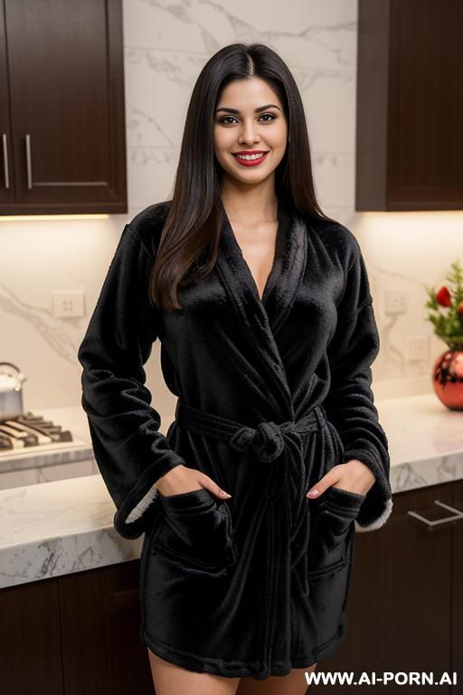 ((lanky)), ((( persian ))), ((black bathrobe)), (christmas), (big full lips), ((smiling at the camera)), photorealistic, (ultra detailed photo), (hyper realistic photo), standing in a modern manhattan - #main