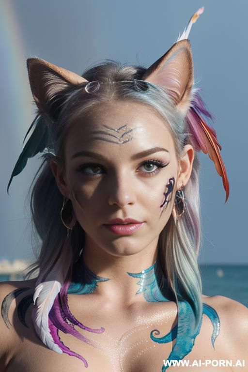 face, sexy, beautiful, ((face painting)), ((body painting)), ((bikini as seashell)), ((fantasy bikini)), ((roses)), ((eyes shw)), ((angel wings)), ((rainbow hair)), (( makeup)), ((glitter)), ((long bu - #main