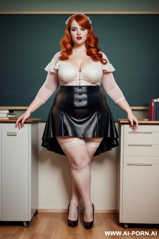 close up full body photo shot, about at classroom, chubby very ((very obese)) redhead fat bbw curvy teacher, wearing a sexy and hot micro ruffle leather skirt, and elegant top, teaching to the classroom. ((dynamic angle)), perfect face - #main