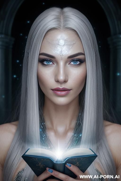 (front view), (ultra realistic body), (ultra realistic face), (ultra realistic skin), well-toned atletic figure, silky long flowing hair, white hair, gray-blue makeup, silver eyes, pallid skin, mystical - #main
