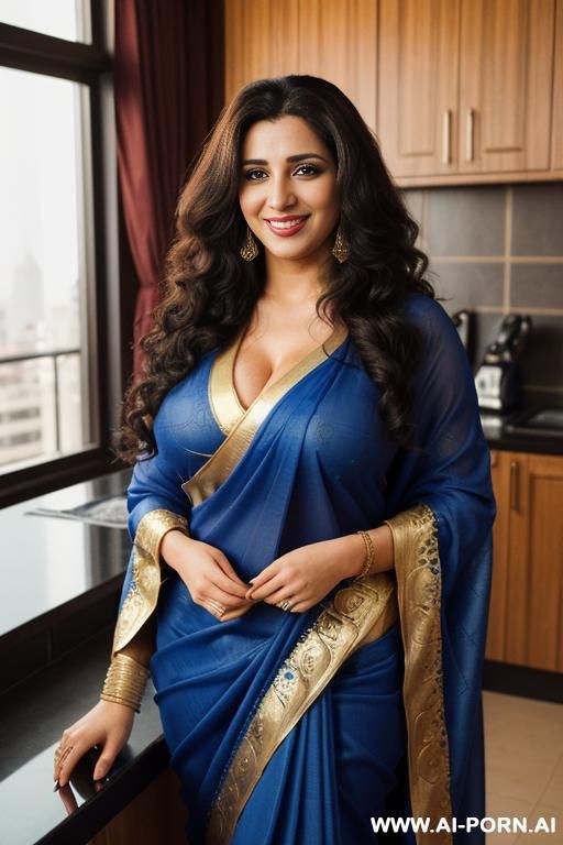 (((arabic ))), ((fancy royal blue wedding highly detailed long sleeve crew neck sari )), (big full lips), ((smiling at the camera)), photorealistic, (ultra detailed photo), (hyper realistic photo), - #main