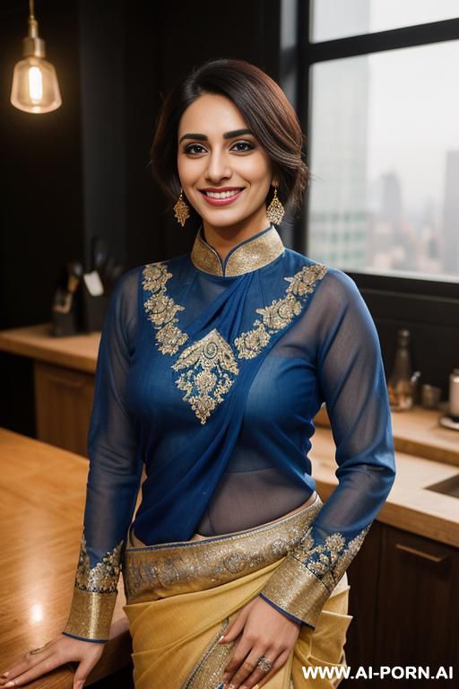 ((( pakistani ))), ((fancy royal blue wedding highly detailed long sleeve crew neck sari )), (christmas), (big nose), ((smiling at the camera)), photorealistic, (ultra detailed photo), (hyper realistic - #main