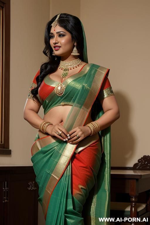 one ancient indian chubby queen in a elegante green saree is kissing her favourite chubby full naked female servant with shaved vagina - #main