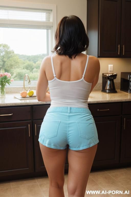 suburban mom, tight shorts, kitchen, view from behind, she looks back at the camera - #main