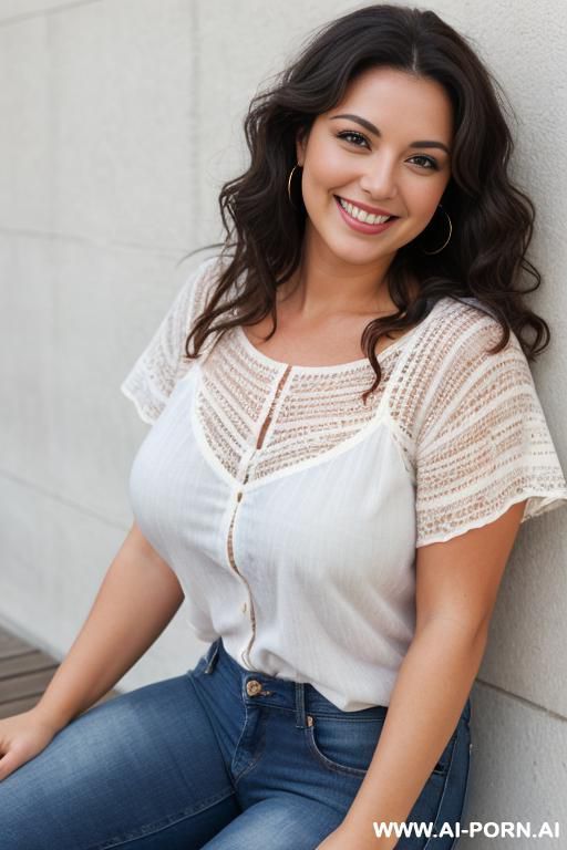 natural woman, chubby body, dark brunette wavy hair, brown eyes, blue jeans, white top, smiling face. - #main