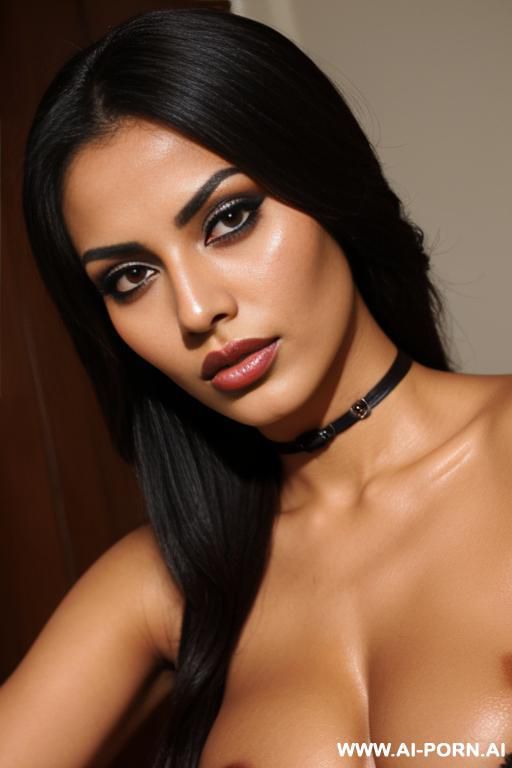middle eastern, submissive bondage model, deep tan, slutty makeup, closeup on slutty face - #main