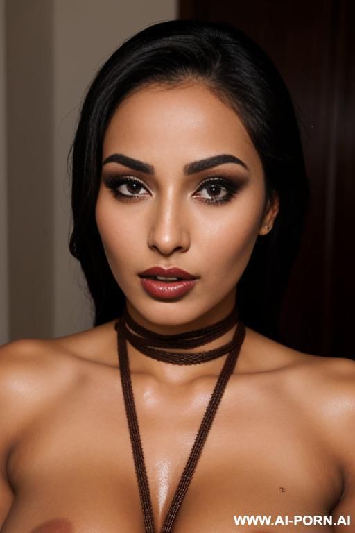 middle eastern, submissive bondage model, deep tan, slutty makeup, plump lips, closeup on slutty face - #main