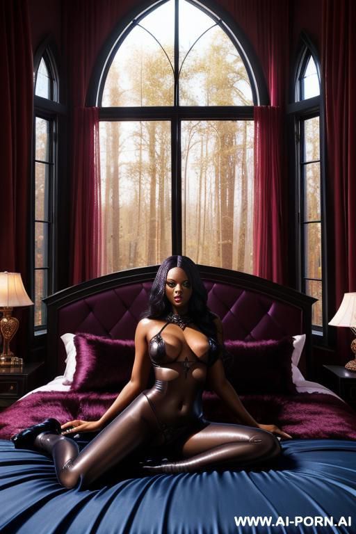 sexy female ebony beautiful pornstar nude soft shiny long thick hairs big bright eyes big lips lay relaxed on shiny satin harem big bed blue transparent satin courtains elaborate fantasy bedroom - #main