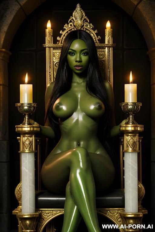 sexy female ebony skin beautiful pornstar nude soft shiny long thick hairs big green eyes big lips sit on elaborate fantasy marble throne in dungeon temple ambient candle lights - #main