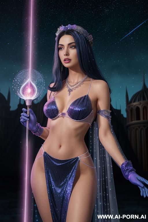 (front view), (looking at the viewer), (detailed face), (detailed body), (detailed skin), (detailed hands), star princes, toned figure, natural breasts, curly long dark blue hair with white glitter, - #main