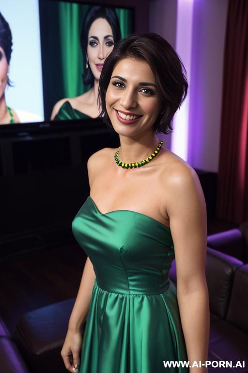 ((( pakistani ))), ((strapless sleeveless colorful dress)), (christmas), (big nose), ((smiling at the camera)), photorealistic, (ultra detailed photo), (hyper realistic photo), standing in a modern - #main
