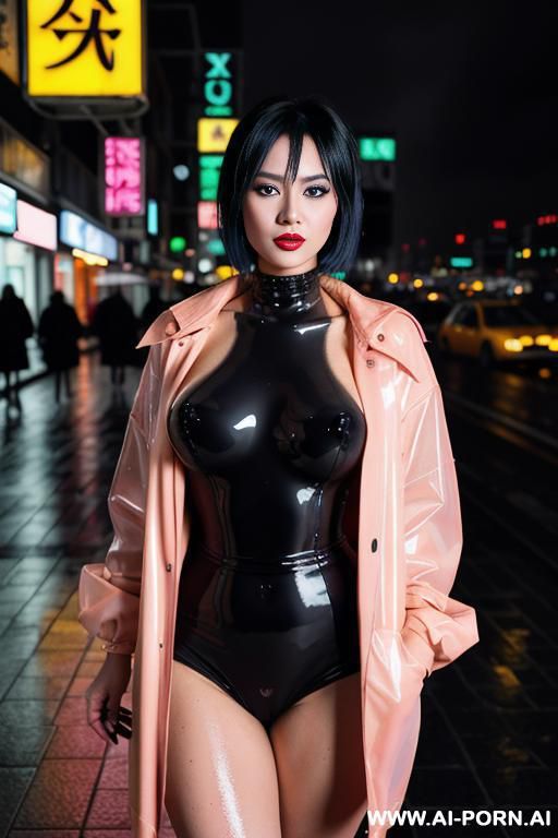 sexy pornstar female big eyes goth makeup big lips pink lipstick bealtiful face short messy hairs wet hairs nude naked in open yellow raincoat in night rain walking big city futuristic skyscrs - #main